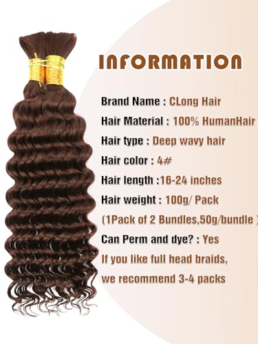 Chocolate Brown Human Braiding Hair Deep Wave Bulk Human Hair for Braiding, 4# Color No Weft Curly Braiding Hair Extensions for Boho Braids Wet and Wavy Braiding Human Hair Bundles(16inch,#4,100g)