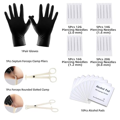 110Pcs Piercing Kit for all Body Piercings with Piercing Tools for Eyebrow Nose Ear Septum Belly Button Lip Tongue Cartilage and More with 12G 14G 16G 20G Piercing Needles