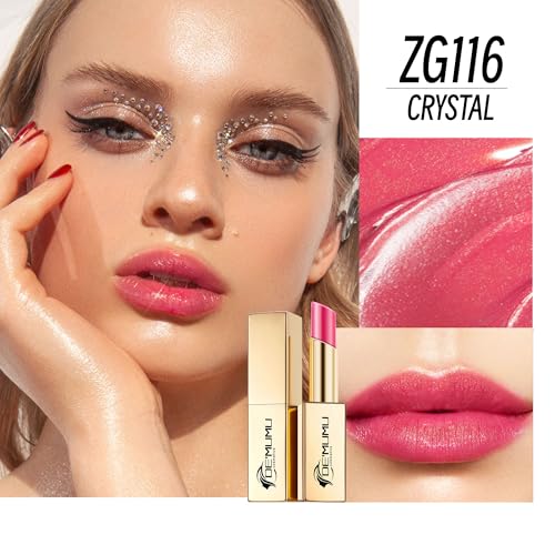 DE'MUMU Red Pink Lipstick Moisturizing for Women Shimmer Tinted Lip Balm Hydrating Nourishing Rasberry Lip Gloss Vegan& Cruelty Free Lip Makeup, ZG116 Crystal