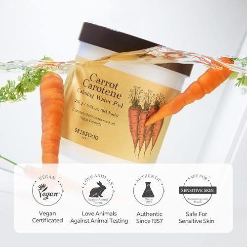 SKINFOOD Carrot Carotene Calming Water Pad 250g (8.81 oz.) 60 Sheets- Redness Relief Soothing Facial Toner Pads for Sensitive Skin