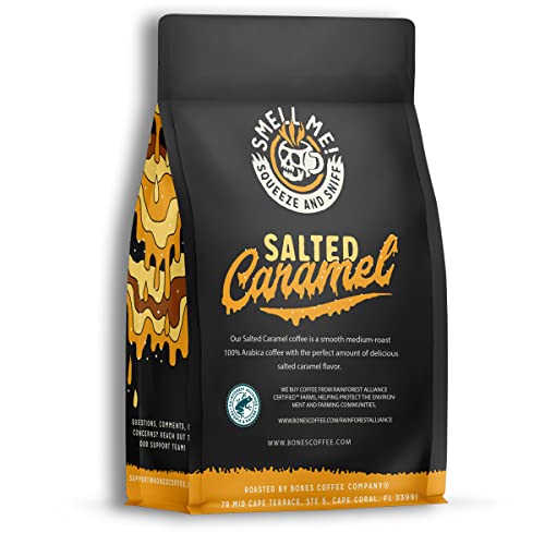 Bones Coffee Company Salted Caramel Flavored Coffee Beans, Whole Bean Coffee Medium Roast Low Acid, Salted Caramel Flavor (12 oz)