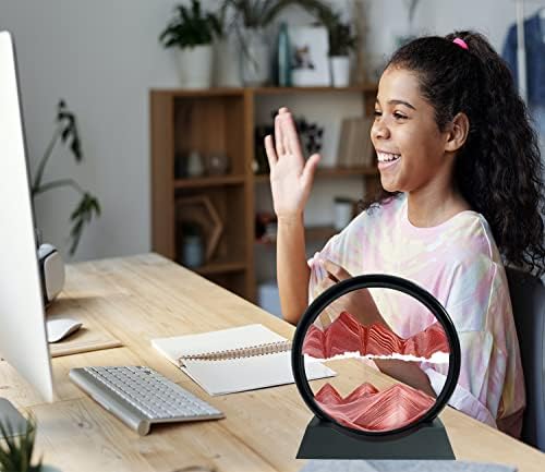 Moving Sand Art Liquid Motion - Moving Sand Art Picture Decor 3D Deep Sea Sandscape, Round Glass Frame Display Flowing Sand Relaxing Toy for Desktop Home Office Work Decoration(Red, 12")