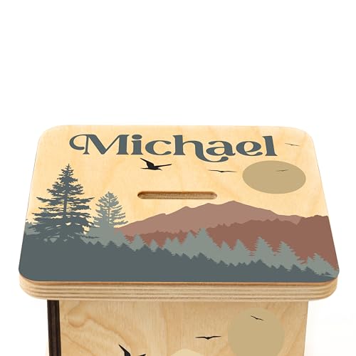 Wooden Piggy Bank for Kids and Adults, Personalized Gift Handmade in USA by BloomOwl, Custom Piggy Bank, Personalized Banks for Kids, Gifts for Baby Boys and Girls (Mountains)