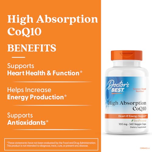 Doctors BEST High Absorption CoQ10, Heart & Energy Support, USP Verified, Naturally Fermented CoQ10, Non-GMO, Gluten Free, Soy Free, Vegan 360 Veggie Caps