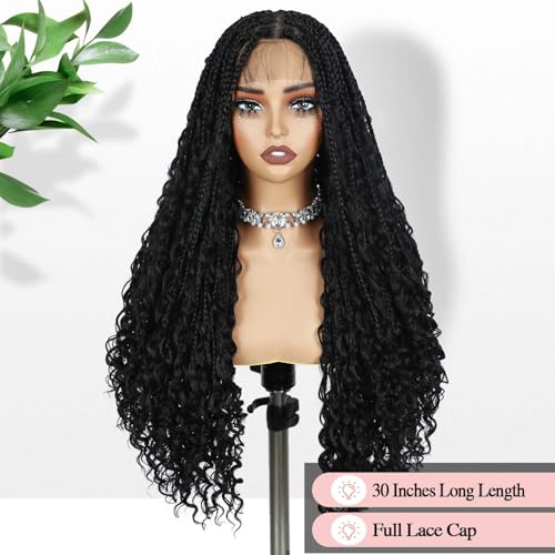 Fancy Hair Braided Wig Square Knotless Boho Box Braided Wigs with Curly Ends Full Double Lace Glueless Braids Wig with Baby Hair Synthetic Black Braided Wig for Black Women