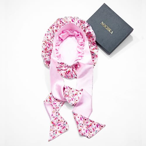 Floral 100% Pure Silk Hair Bonnet Luxurious Reversible Wonder Loop Mulberry Silk for Curly Hair - Ultimate Sleeping Companion with Ties for Women