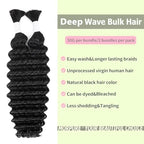 24 Inch Deep Wave Human Braiding Hair for Boho Braids Curly Human Hair Braiding Hair Wet and Wavy Unprocessed Virgin Boho Hair for Braiding Natural Color 2 Bundles/Pack (Total 100G)