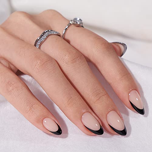 BTArtbox French Tip Press On Nails Almond - Black Press on Nails Short, Glue On Nails for Women Gift, Supremely Fit Natural Reusable Stick On Nails in 16 Sizes - 30 Fake Nails Kit, Black French