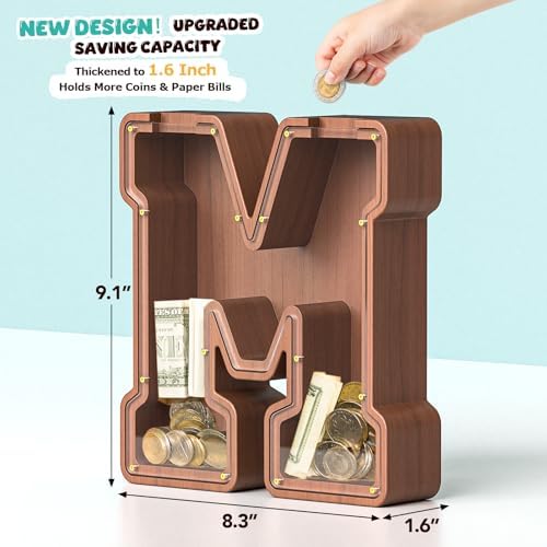 Summidate Wooden Letter Piggy Bank, Extra Thick Large Capacity Piggy Bank for Kids Boys Girls Toddler, Alphabet M Money Bank| Coin Box Birthday, Christmas, Festival