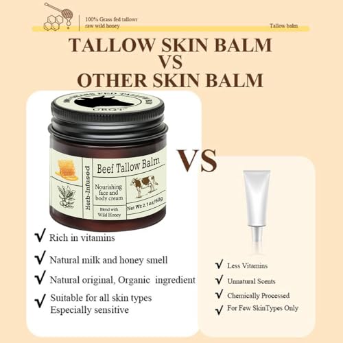 URQT Beef Tallow for Skin - Organic Grass-Fed Whipped Beef Tallow and Honey Balm - Deeply Moisturizing for Face & Body - Natural Skin Care for Soft, Supple Skin