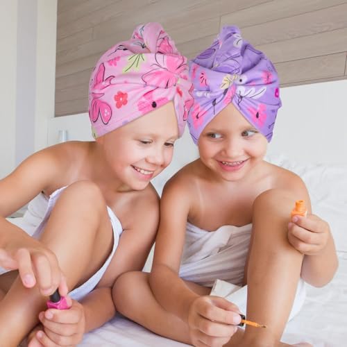 FIOBEE Microfiber Hair Towel Wrap for Kid Rapid Drying Towel Absorbent Hair Turbans for Wet Hair with Button Women Girls Long Curly Hair Pack of 2, Pink/Purple Butterfly