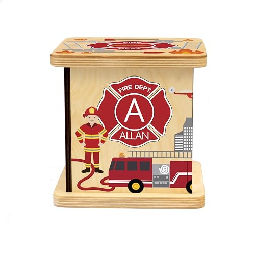 Wooden Piggy Bank for Kids and Adults, Personalized Gift Handmade in USA by BloomOwl, Custom Piggy Bank, Personalized Banks for Kids, Gifts for Baby Boys and Girls (Firefighter)