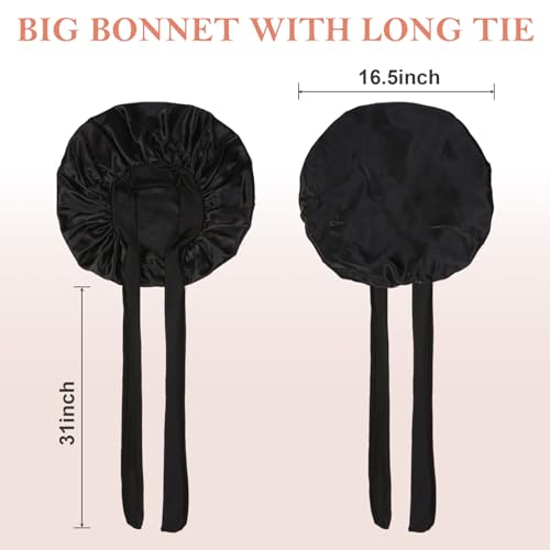 3Pcs Bonnet for Sleeping, Extra Silk Satin Hair Bonnets with Tie Band for Curly Hair Braids shower cap
