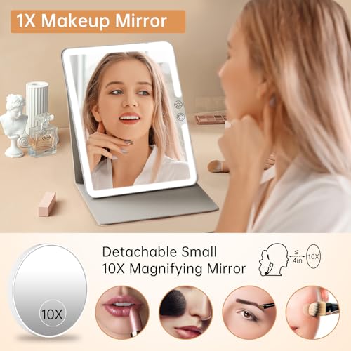 FUNTOUCH 2500mAh Large Rechargeable Travel Makeup Mirror with Light, Portable Makeup Mirror with 10X Magnifying Mirror, 3 Lighting Modes, Tabletop Folding Travel Mirror with PU Leather Cover (White)