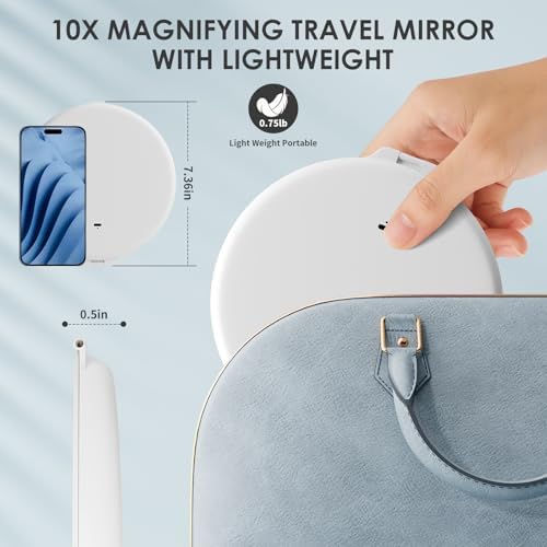 Large 10X Magnification 7 Inch Rechargeable Travel Makeup Mirror, Portable Vanity Mirror with 80 LED Lights, 3 Color Lighting and Dimmable Touch Screen,Travel Essentials,Gift for Women