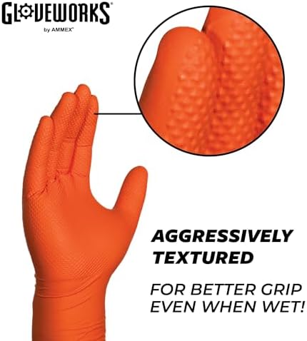 GLOVEWORKS HD Orange Nitrile Gloves, 8 mil Nitrile Disposable Gloves with Raised Diamond Texture, Mechanic Gloves Disposable
