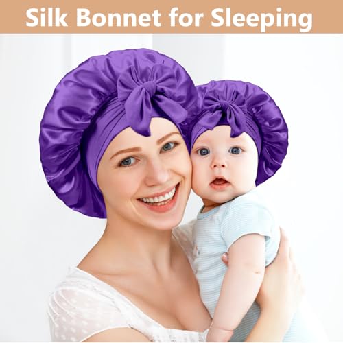 2 PCS Mommy and Me Bonnet Set,Silk Bonnet for Kids and Women,Satin Bonnet for Sleeping with Elastic Tie Band,Adjustable Hair Bonnet for Women Girl Kids Toddler Sleeping Caps(Dark Purple)