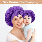 2 PCS Mommy and Me Bonnet Set,Silk Bonnet for Kids and Women,Satin Bonnet for Sleeping with Elastic Tie Band,Adjustable Hair Bonnet for Women Girl Kids Toddler Sleeping Caps(Dark Purple)
