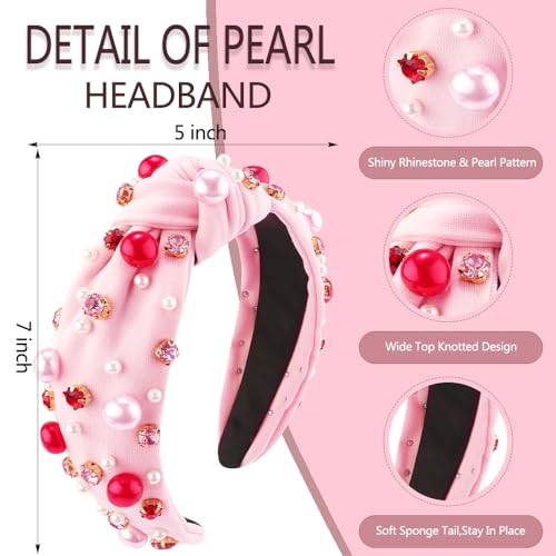 AHONEY Pink Headband Hair Accessories for Women Girls Knotted Headband Pearl Crystal Knotted Jeweled Wide Top Knot Headband Valentine’s Day Gifts (Pink)