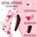 AHONEY Pink Headband Hair Accessories for Women Girls Knotted Headband Pearl Crystal Knotted Jeweled Wide Top Knot Headband Valentine’s Day Gifts (Pink)