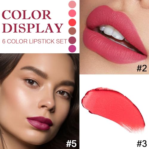 6 Pcs Nude Pink Red Purple Brown Lipstick Matte Sets,Light to Dark Velvet Lipstick for Women Long Lasting Waterproof 24 Hours Lip Stick Lip Stain Makeup Gift Sets,labiales mate 24 horas originales