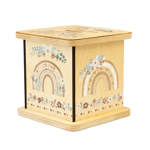 Wooden Piggy Bank for Kids and Adults, Personalized Gift Handmade in USA by BloomOwl, Custom Piggy Bank, Personalized Banks for Kids, Gifts for Baby Boys and Girls (Rainbow- Boho Floral)