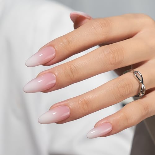 BTArtbox Press On Nails Almond - Medium Press On Nails, Pink White Ombre Soft Gel Nails, Natural Reusable Stick On Nails in 15 Sizes - 30 Fake Nails Kit for Valentines Day Gift