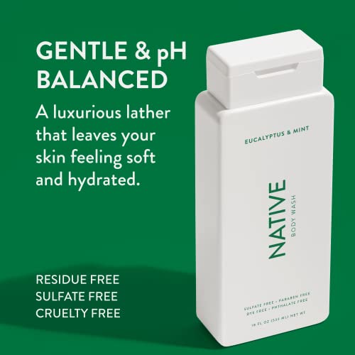 Native Natural Body Wash for Women, Men | Sulfate Free, Paraben Free, Dye Free, with Naturally Derived Clean Ingredients Leaving Skin Soft and Hydrating, Eucalyptus & Mint 18 oz - 2 Pk