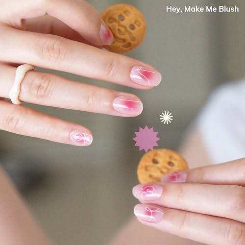 Semi Cured Gel Nail Strips | Sun Cured Gel Nail Wraps No LED Lamp Needed Easy Apply & Remove | Includes 28 strips, 1 Prep Pad, 1 Nail File & 1 Wooden Stick - Hey, Make Me Blush
