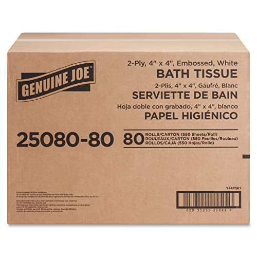 Genuine Joe Standard Bath Tissue, 4" x 4", 2-Ply, 550 Sheets/Roll, 80 Count