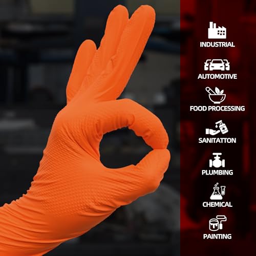 Jointown Basic Heavy Duty Nitrile Gloves Mechanic Gloves, Orange 8 Mil Nitrile Disposable Gloves Medium with Raised Diamond Texture, Latex Free, Powder Free Industrial Automotive Gloves Box of 200