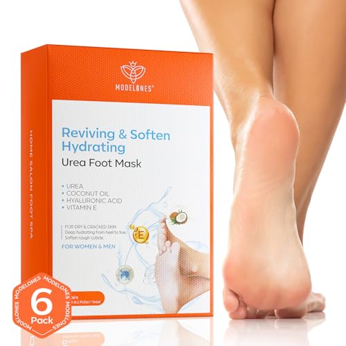 modelones 6 Pairs Hydrating Foot Mask for Dry Cracked Feet, Deep Moisturizing with Urea + Coconut Oil + Hyaluronic Acid+ Vitamin E, Foot Care for Women and Men, Soft Smooth Feet