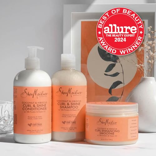 SheaMoisture Curl & Shine Shampoo, Conditioner, 13 Oz Ea + Curl Enhancing Smoothie, 12 Oz – Coconut & Hibiscus Premium Gift Set (3 Piece Set)