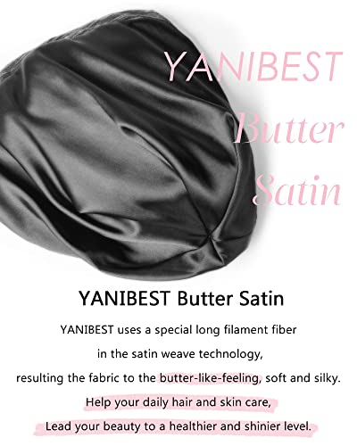 YANIBEST Silk Satin Bonnet Hair Cover Sleep Cap - Dark Blue Adjustable Stay on Silk Lined Slouchy Beanie Hat for Night Sleeping