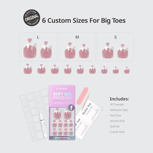 BTArtbox Press On Toenails - Real Square Glaze White French Tip Toe Nail Press Ons with Glue for Women, Opaque Fake Toe Nail Tips in 15 Sizes - 30 Toenails Kit, Electrophile