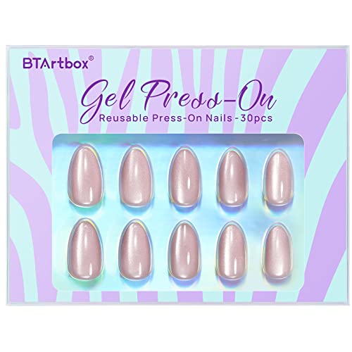 Press On Nails Short - BTArtbox Almond Press On Nails, Opaque Reusable Stick On Nails, Fake Nail with Nail Glue in 16 Sizes - 30 Nail Kit, Falling Star Cat Eye