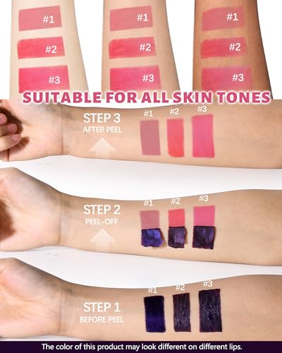 3Pcs Peel Off Lip Stain Tattoo Set, Long Lasting Lip Liner Stain Peel Off Matte Lip Gloss Nude Lipstick, Waterproof Smudge Proof High Pigmented Color Peel Off Lip Stain Tint Women Lip Makeup Gift