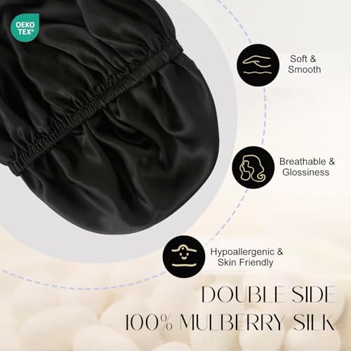 ZIMASILK 100% Mulberry Silk Bonnet for Sleeping Women Long Hair Double Layer Silk Hair Wrap with Adjustable Band Natural Silk Bonnet for Hair Care Stay On Head (1Pc, Black)