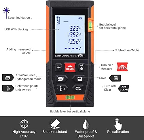 Laser Measure Mute Distance with 2 Bubble Levels, Measure Distance, Area and Volume HD50