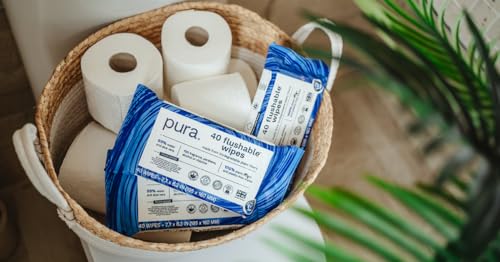 Pura XL Flushable Adult Wipes Unscented, Extra Large Family Wet Wipes with Aloe Vera & 99% Water, Sensitive Skin, 12 Pack of 40 (480 Wipes), Personal Hygiene Toilet