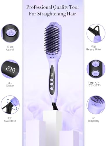 LANDOT Hair Straightener Brush Heated Straightening Brush: Negative Ion Hot Hair Brush Straightener for Smooth Frizz-Free Hair - Dual Voltage Ceramic Straightening Brush