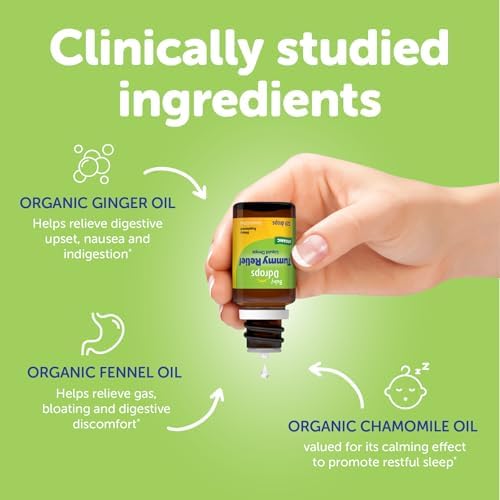 Ddrops Baby Tummy Relief Liquid Drops, Organic Gripe Water for Newborns, Relief from Gas, Colic, Fussiness and Hiccups, Just One Drop, Herbal Ingredients, 120 Drops