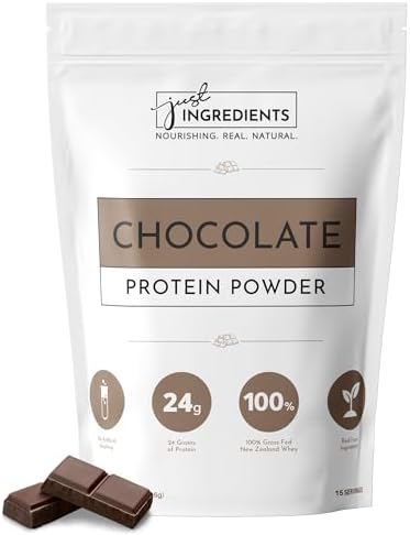 JUST INGREDIENTS Protein Powder | 15 Servings | 24g Protein | Chocolate Flavor Made with 100% Grass-Fed, Non-Denatured Whey | Five Different Sources from Organic Whole Food Ingredients