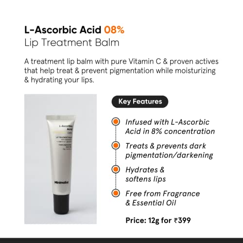 Minimalist Lip Treatment Balm for Lightening Dark Lips, Hydrating & Softening | 8% L-Ascorbic Acid with Vitamin E, Radianskin & Glycerine | For Women & Men | 0.42 Oz / 12 gm