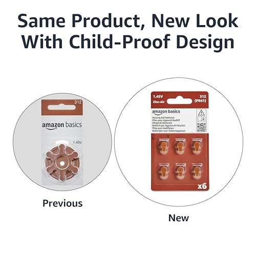 Amazon Basics 60-Pack Hearing Aid Size 312 Zinc-Air Batteries, 1.45 Volt, Brown Tab, 4-Year Shelf Life, Child-Safe Package (Use Scissors to Open)