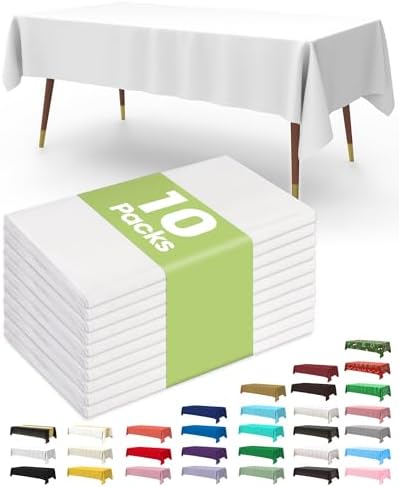 Pureegg Plastic Table Cloth Disposable 10 Pack, 54 x 132 Inch Table Cloths, Party, Picnic, Wedding, Decorative Tablecloths, Rectangle, White Plastic Cover, Leakproof & Sturdy, White