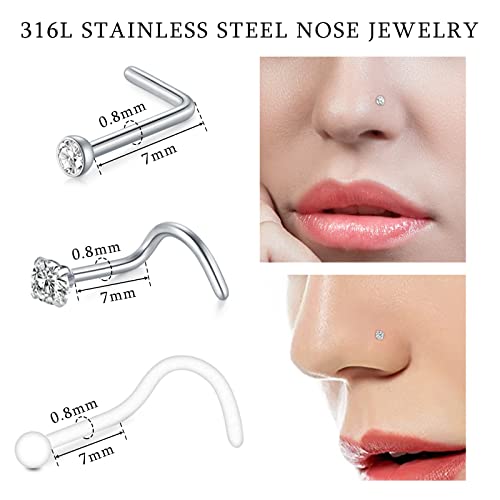 JIESIBAO 26PCS Nose Piercing Kit, Piercing Needles with 18G 20G CZ Nose Screw Studs Double Nose Rings Hoop Captive Nose Rings Stainless Steel Jewelry for Nose Septum Piercing Needles Kit