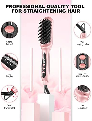 LANDOT Ceramic Hair Straightener Brush: Negative Ion Heated Straightening Brush for Smooth Frizz-Free Hair - Dual Voltage 100-240V Fast Heating Ajustable Temp 250°F-450°F