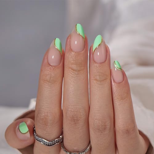 BTArtbox Press On Nails Almond -Short Designed Press On Nails with Gold Foil, Natural Nail Tips, Glue On Nails for Gifts, Stick On Nails in 16 Sizes - 30 Nail Kit, Scenery