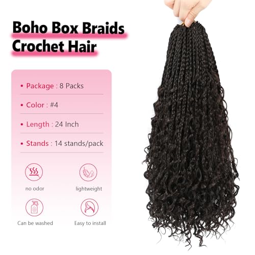 Goddess Box Braids Crochet Hair 24 Inch 8 Packs Boho Box Braids Pre Looped Crochet Hair For Black Women, With Curly Ends, Nice looking, Very Soft and Light Weight (24 Inch,#4)
